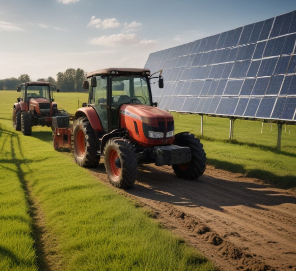 Das Bild zeigt eine Agri-PV-Anlage mit vertikal aufgeständerten Modulen. Vor einer PV-Modul-Reihe fahren zwei Traktoren und bearbeiten das Feld.