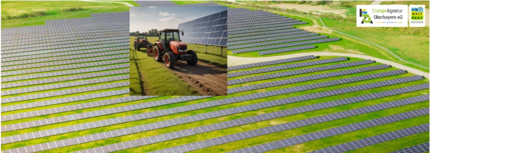 Das Bild zeigt symbolisch den Einsatz von Agri-Photovoltaik. Ein großes landwirtschaftliches Feld ist mit PV-Modulen bestückt. Traktoren fahren eine Reihe von PV-Modulen entlang.