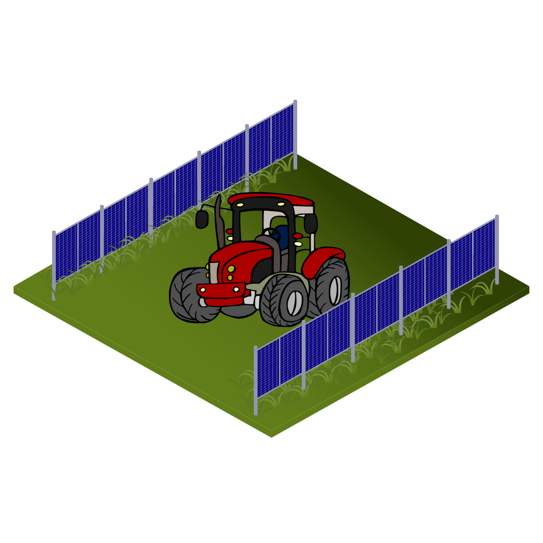 Das Bild zeigt das Prinzip einer Agri-Photovoltaik-Anlage. Die Acker- oder Weidefläche wird zweifach genutzt. Zur ursprünglichen landwirtschaftlichen Nutzung und zur Erzeugung von Strom für den Eigenbedarf oder zur Einspeisung in das Netz.